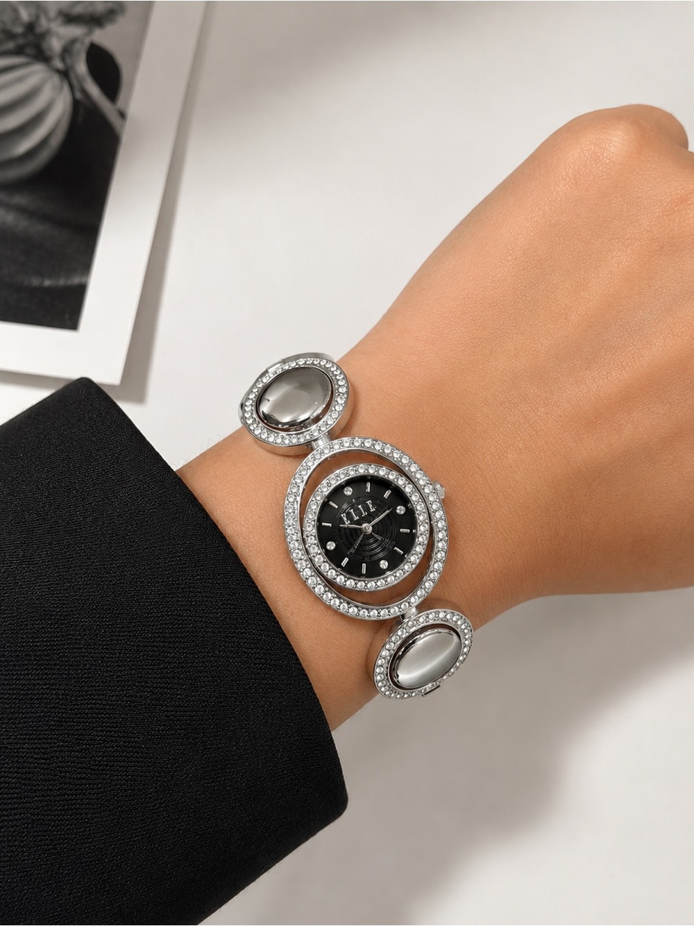 Y2K Rhinestone Bracelet Watch Silver Black Dial Glam McBling NWT